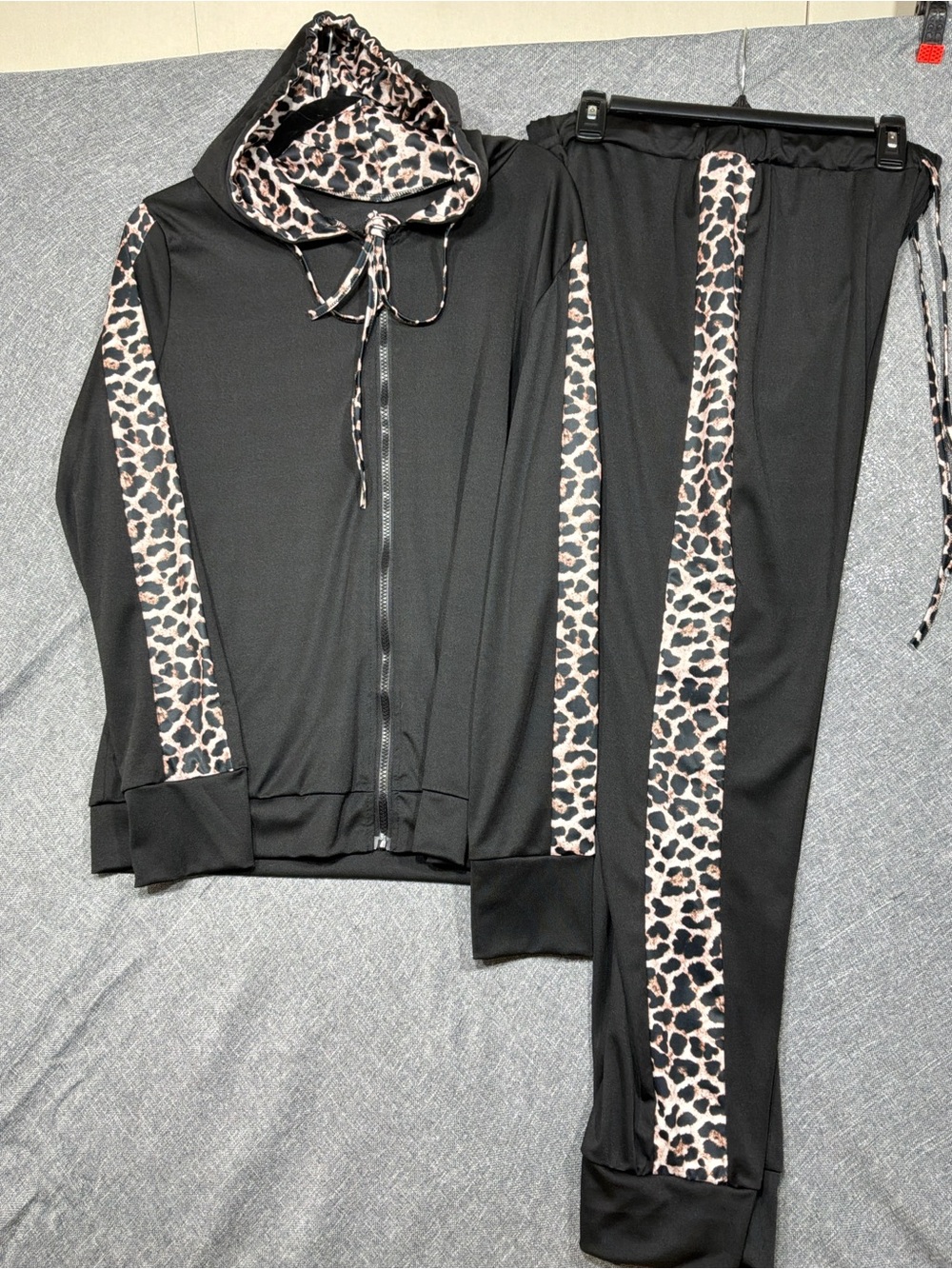 Amazon Essentials Black Hoodie & Jogger Set with Leopard-Print Trim